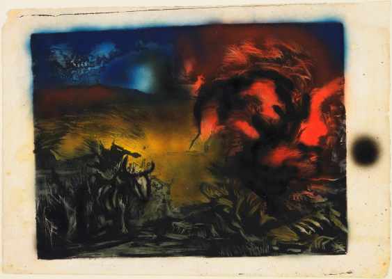 Jackson Pollock, “Landscape with Steer”, c. 1936-37 Lithograph with airbrushed lacquer additions Publisher: unpublished Printer: unknown composition: 13 13/16 x 18 9/16" (35.1 x 47.1 cm); sheet: 16 1/8 x 23 3/8" (41 x 59.3 cm) Edition: approx. 2-3 (one with airbrushed enamel additions [this ex.]). Gift of Lee Krasner Pollock 
