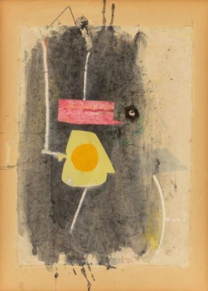 Pierrot's Hat, 1943, watercolour, gouache, pasted papers, pasted glass button and ink on paperboard, 50.2 x 35.9cm